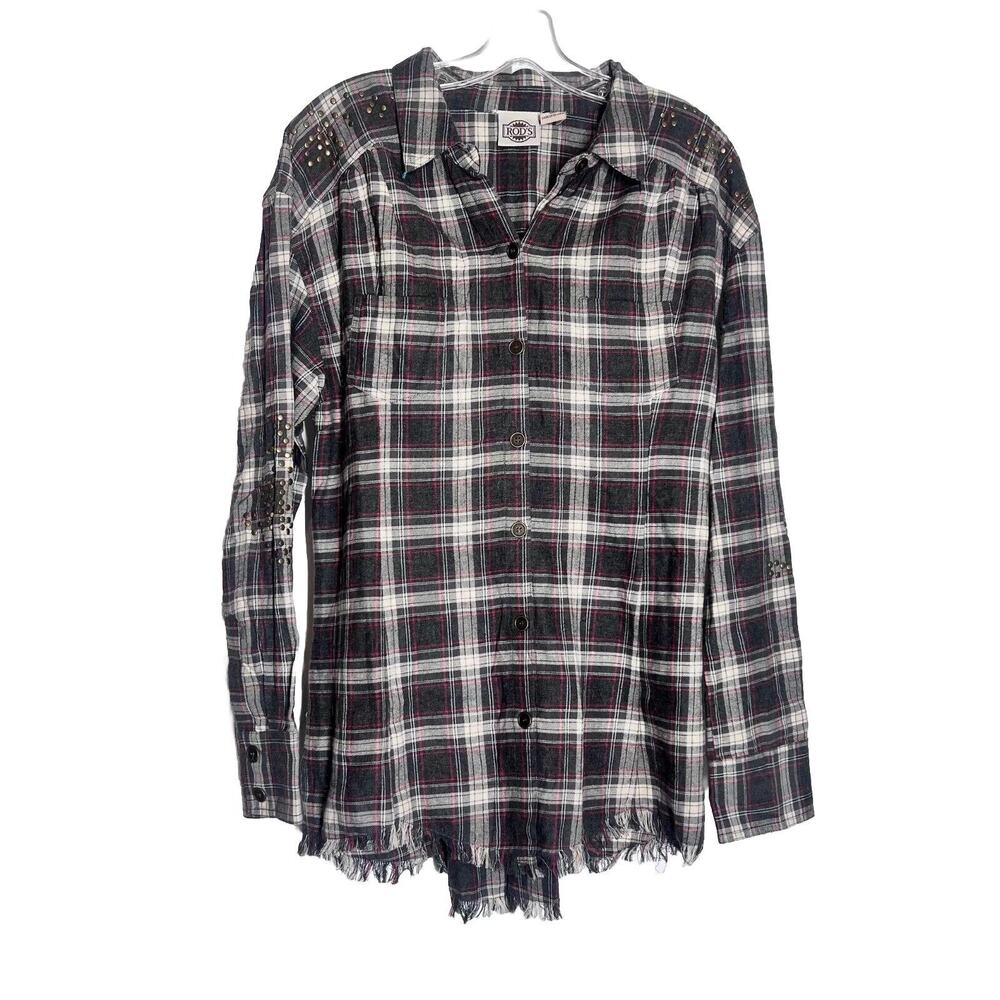 Rods Plaid Shirt Womens Medium Multicolor Studded Fringe Trim Cowgirl Western